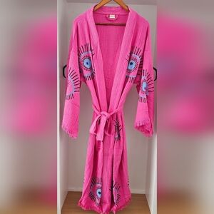 Turkish Cotton Robe Pink Handmade Evil Eye Pattern Lightweight